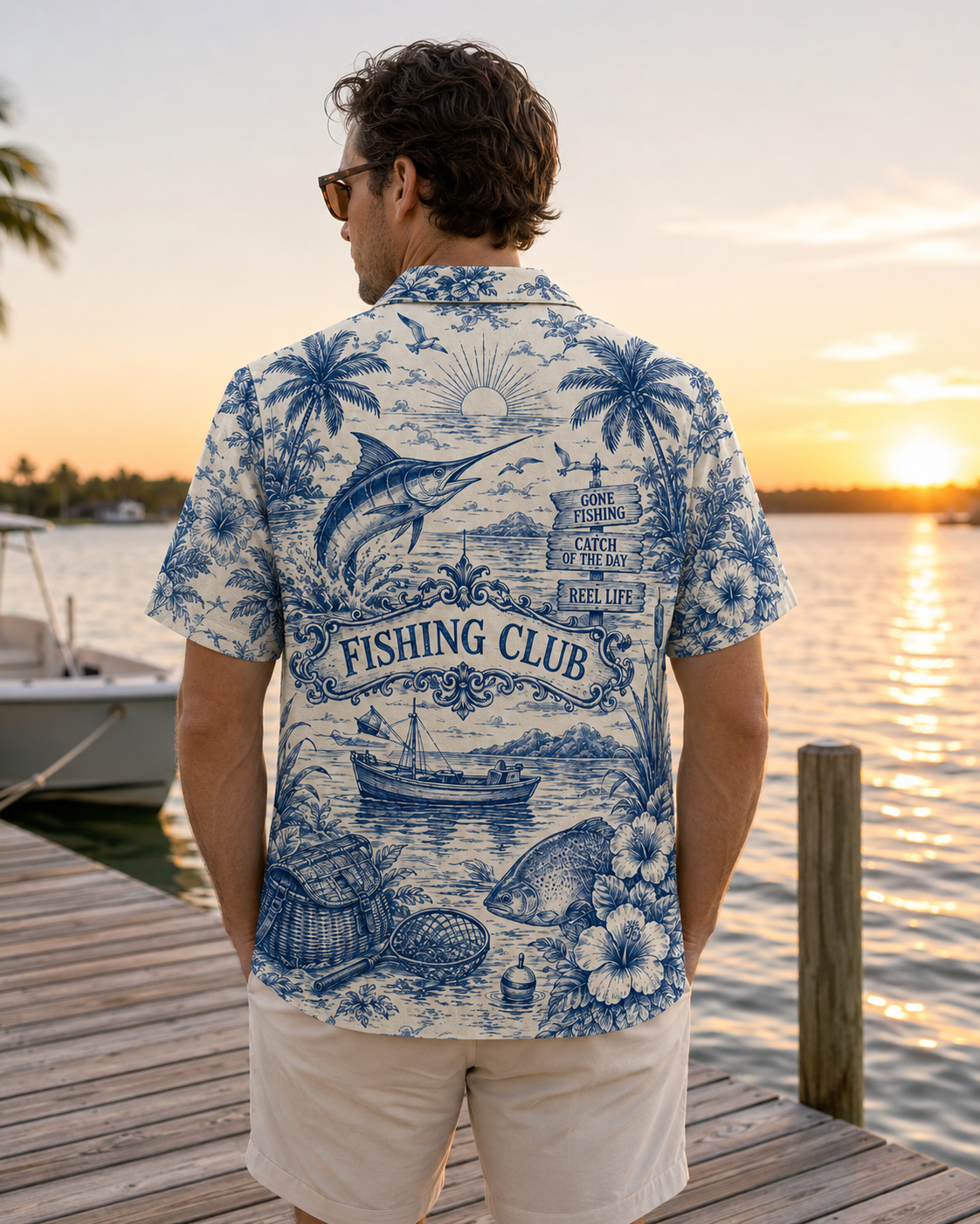 Gone Fishing Toile Blue White Men's Hawaiian Shirt