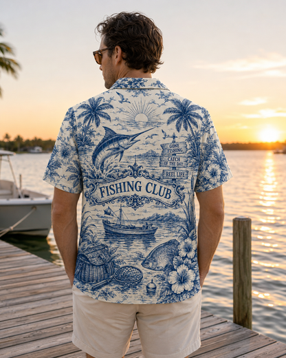 Gone Fishing Toile Blue White Men's Hawaiian Shirt
