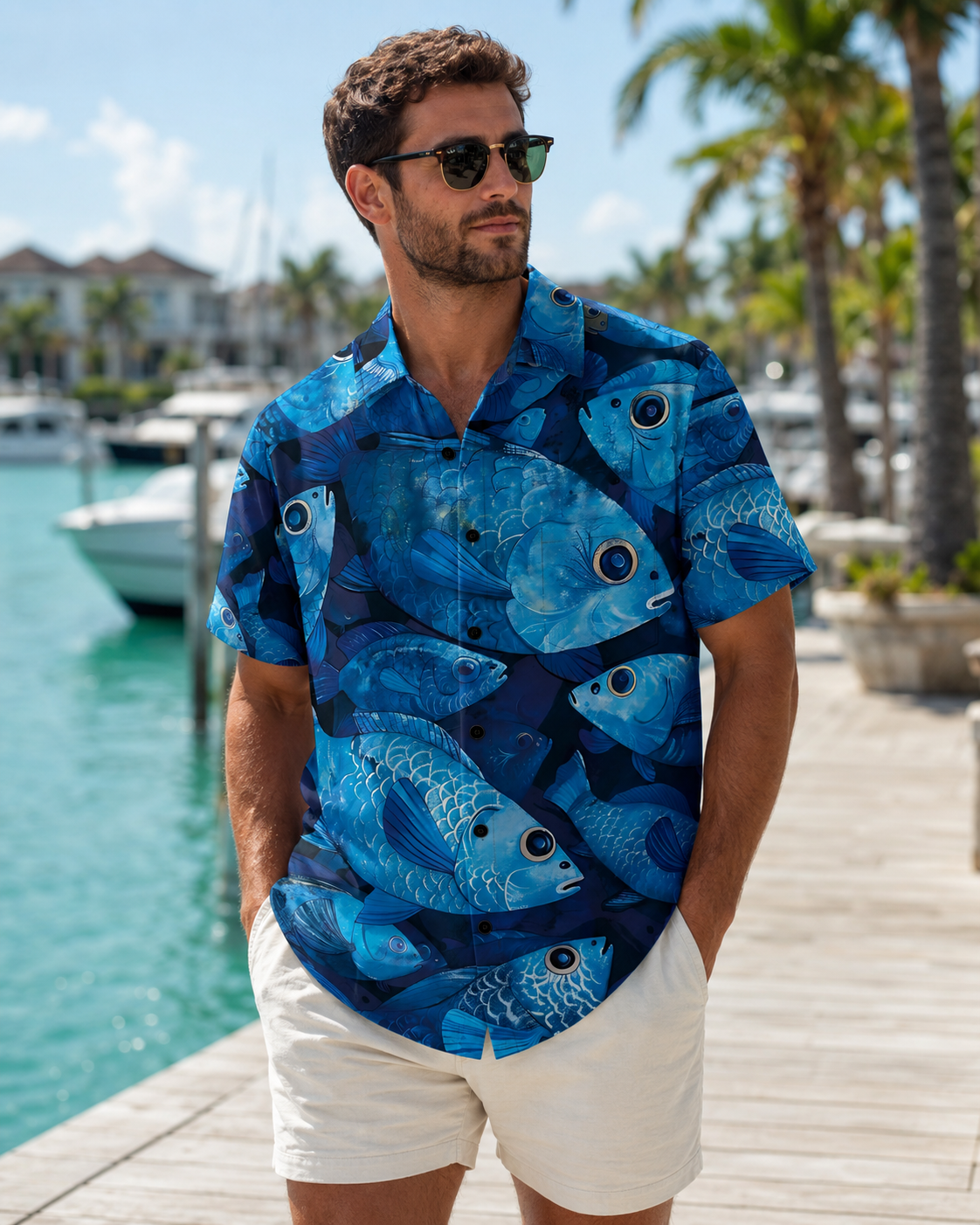 Men's Blue Ocean School of Fish Hawaiian Shirt