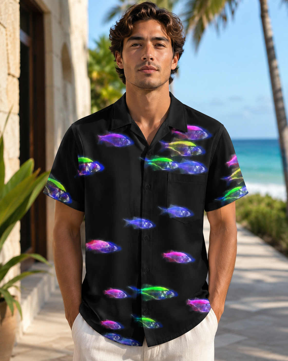 Neon Glow Fish Black Men's Hawaiian Button Shirt