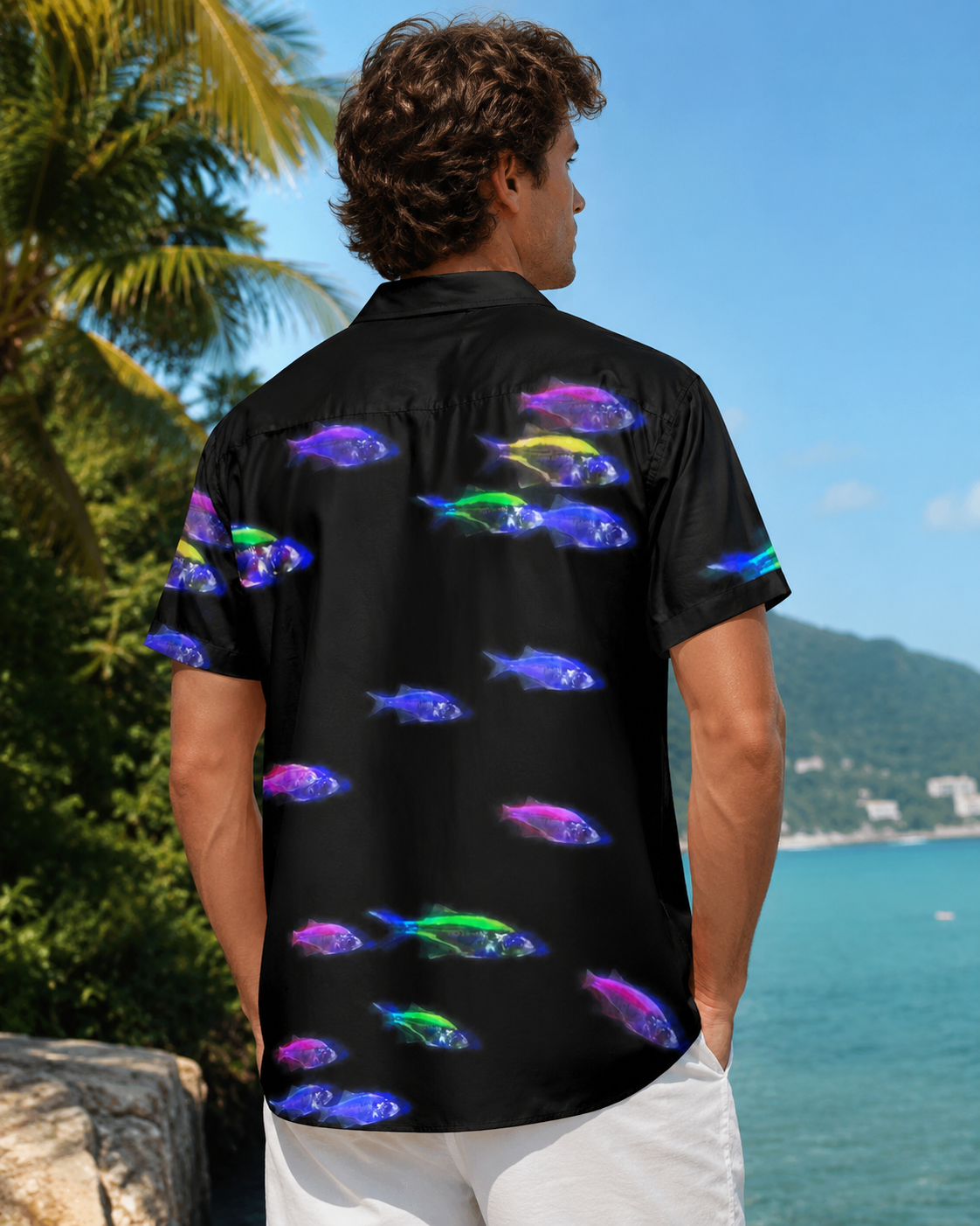 Neon Glow Fish Black Men's Hawaiian Button Shirt