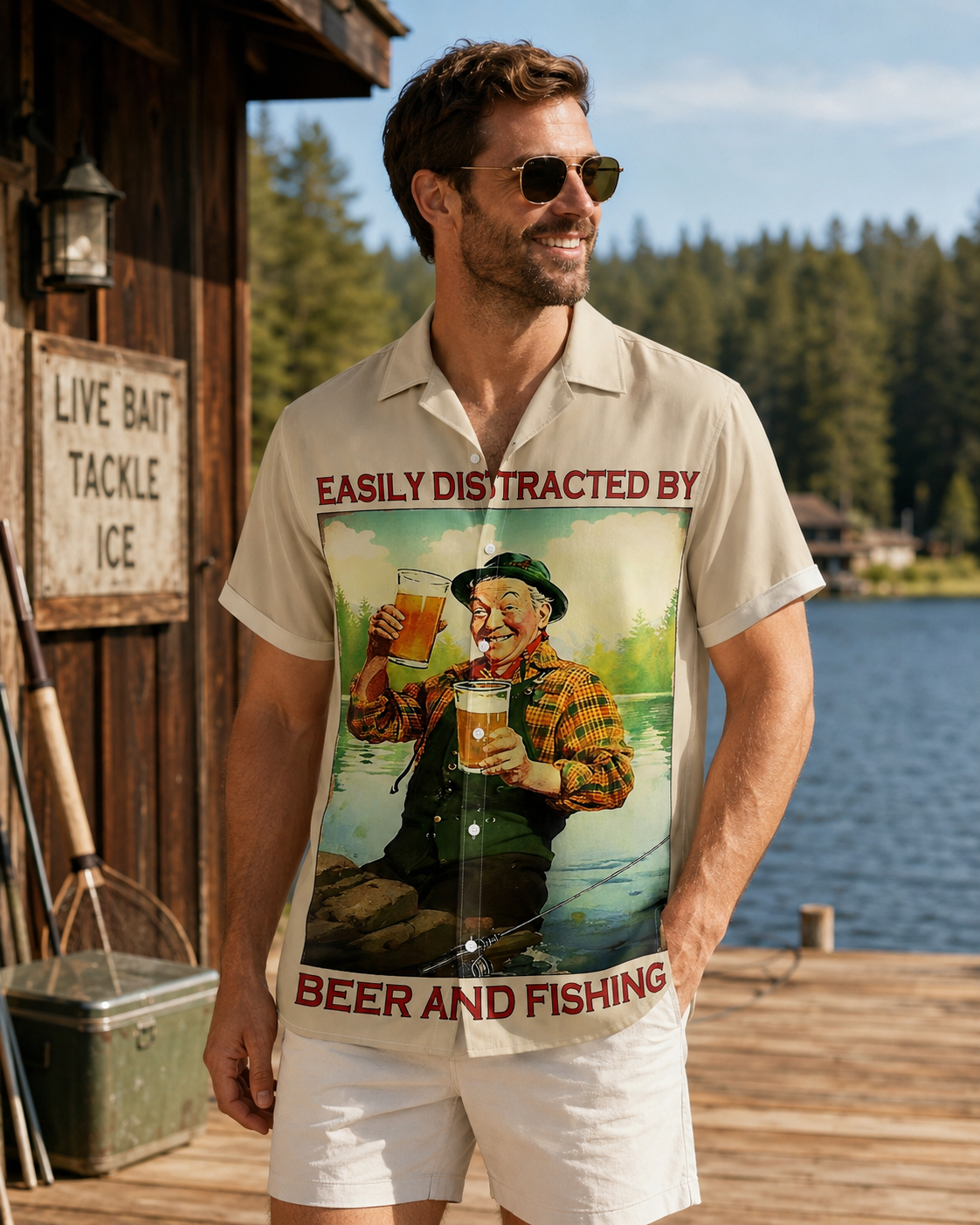 Men's Easily Distracted By Beer And Fishing Shirt