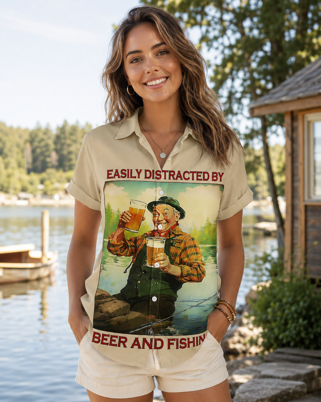 Men's Easily Distracted By Beer And Fishing Shirt