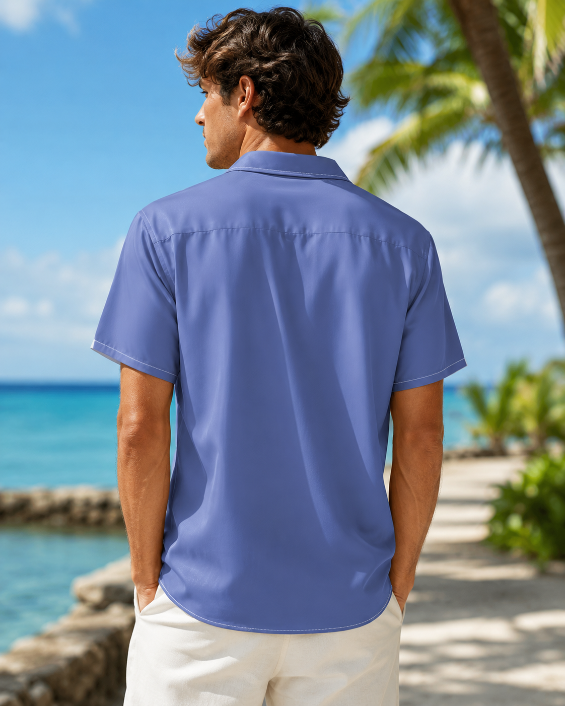 Blue Stripe Doodle Fish Men's Hawaiian Button Shirt