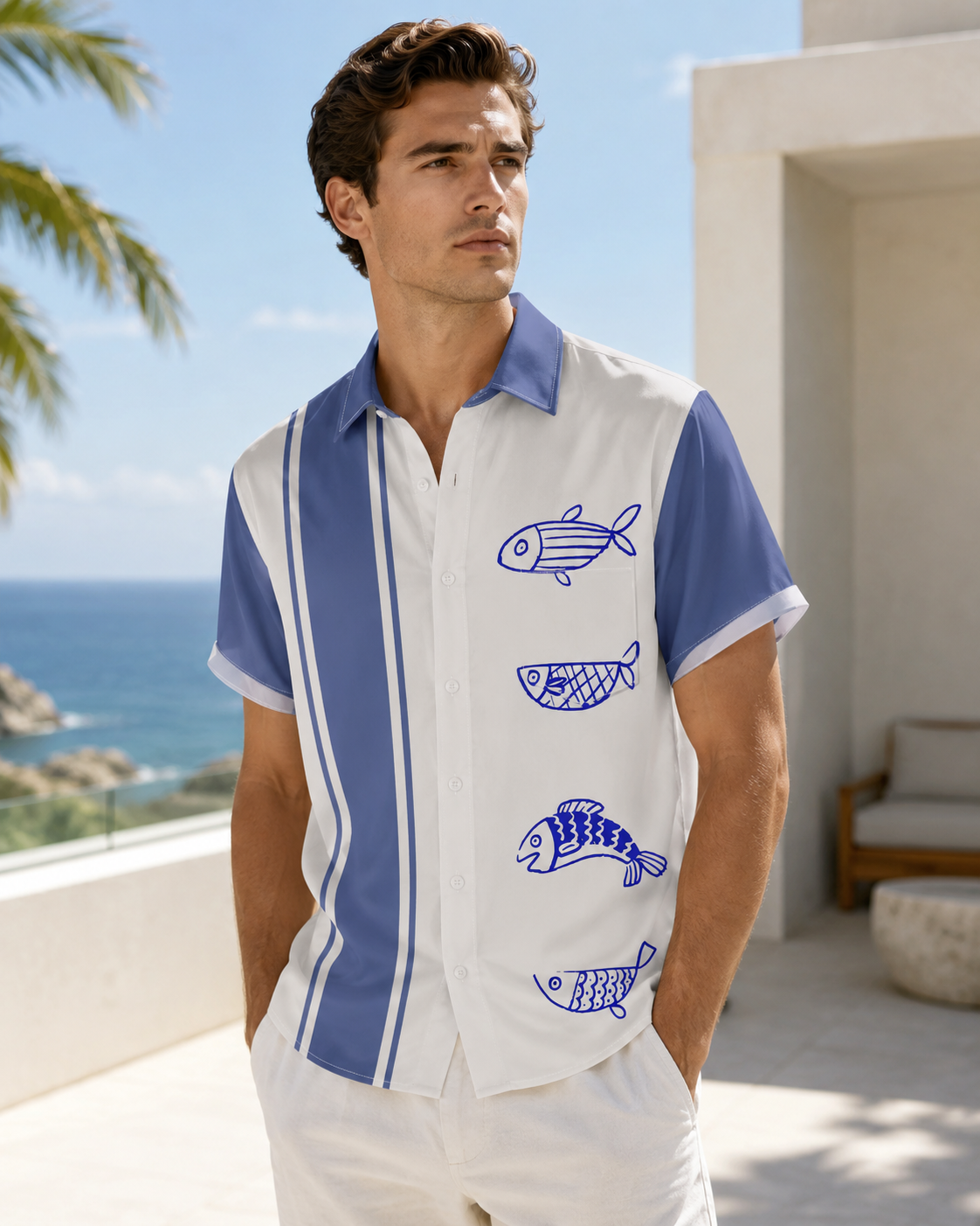 Blue Stripe Doodle Fish Men's Hawaiian Button Shirt
