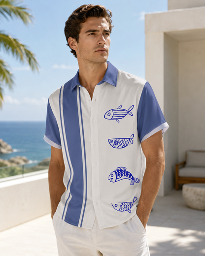 Blue Stripe Doodle Fish Men's Hawaiian Button Shirt