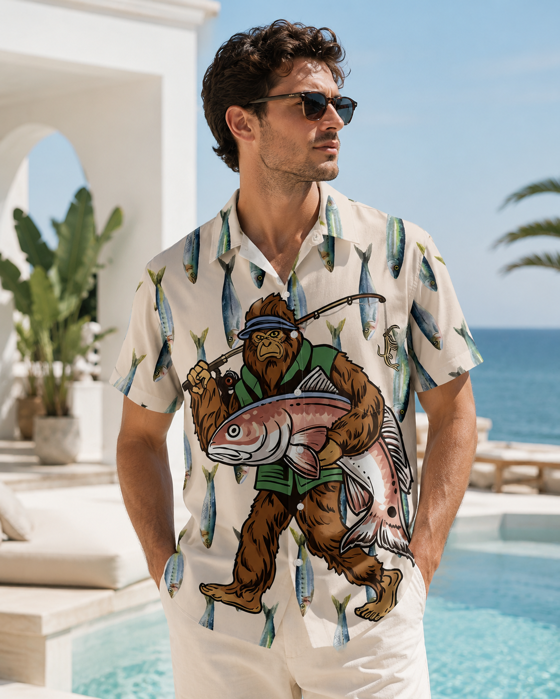Bigfoot Fisherman Holding Trout Men's Hawaiian Shirt