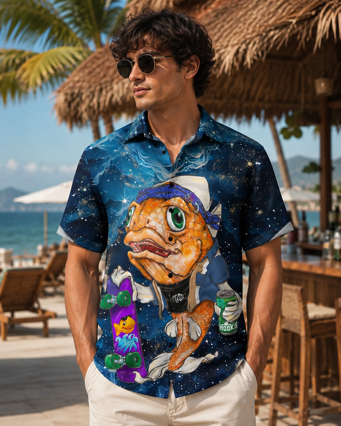 Skater Koi Fish Galaxy Space Men's Hawaiian Shirt