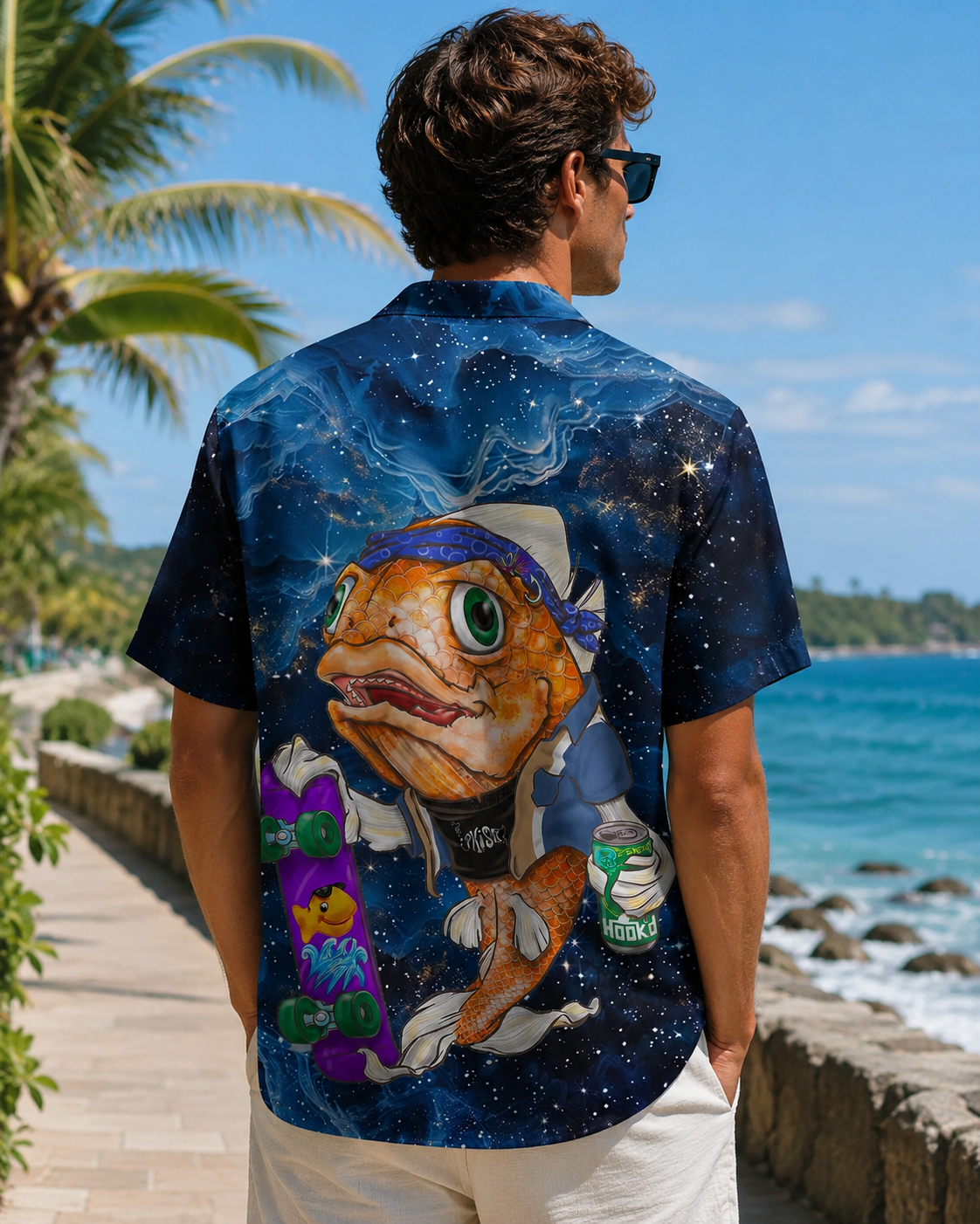 Skater Koi Fish Galaxy Space Men's Hawaiian Shirt