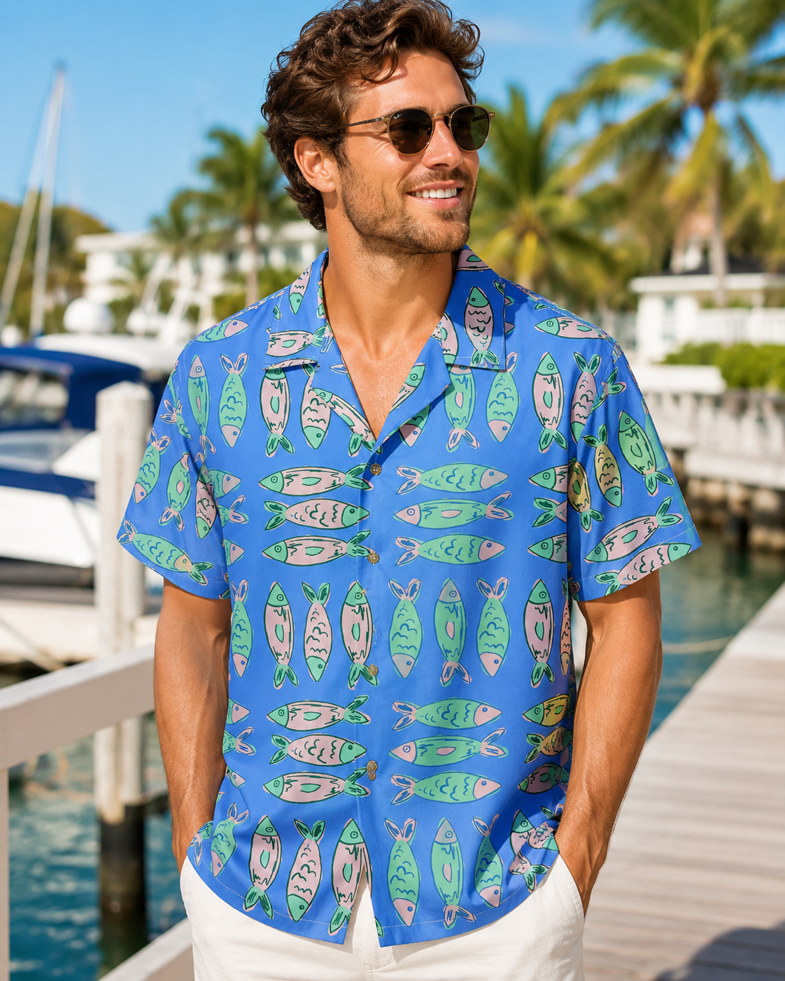 Men's Cute Cartoon Fish Pattern Blue Hawaiian Shirt