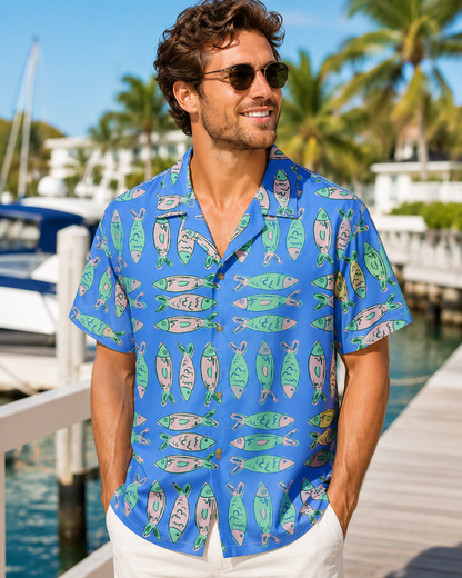 Men's Cute Cartoon Fish Pattern Blue Hawaiian Shirt