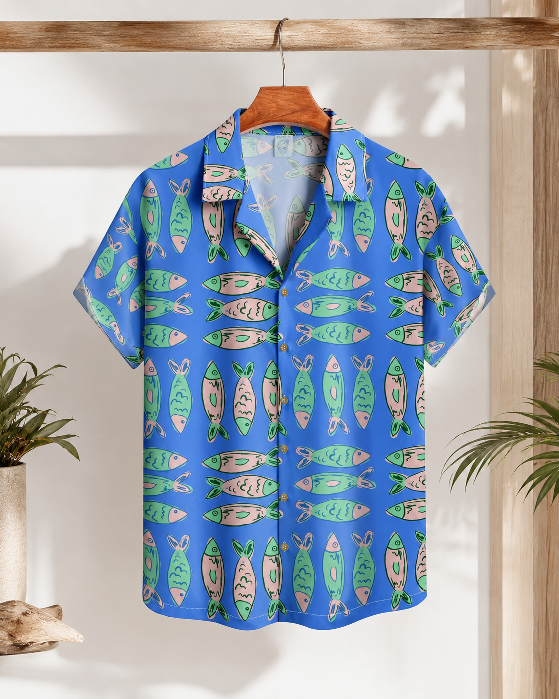 Men's Cute Cartoon Fish Pattern Blue Hawaiian Shirt