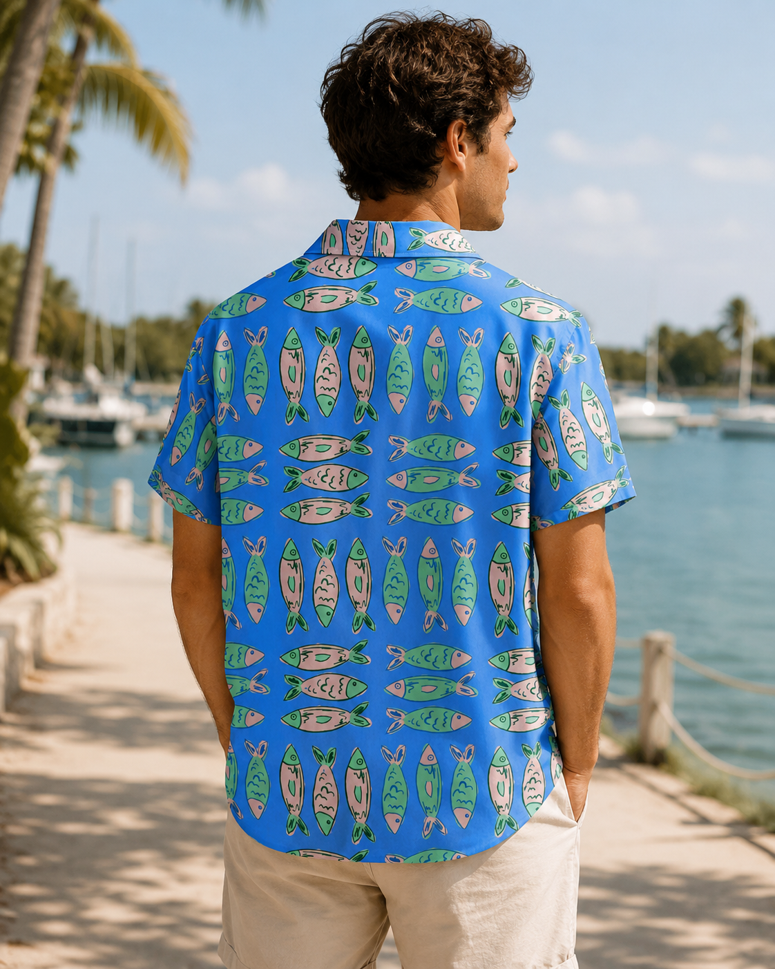 Men's Cute Cartoon Fish Pattern Blue Hawaiian Shirt