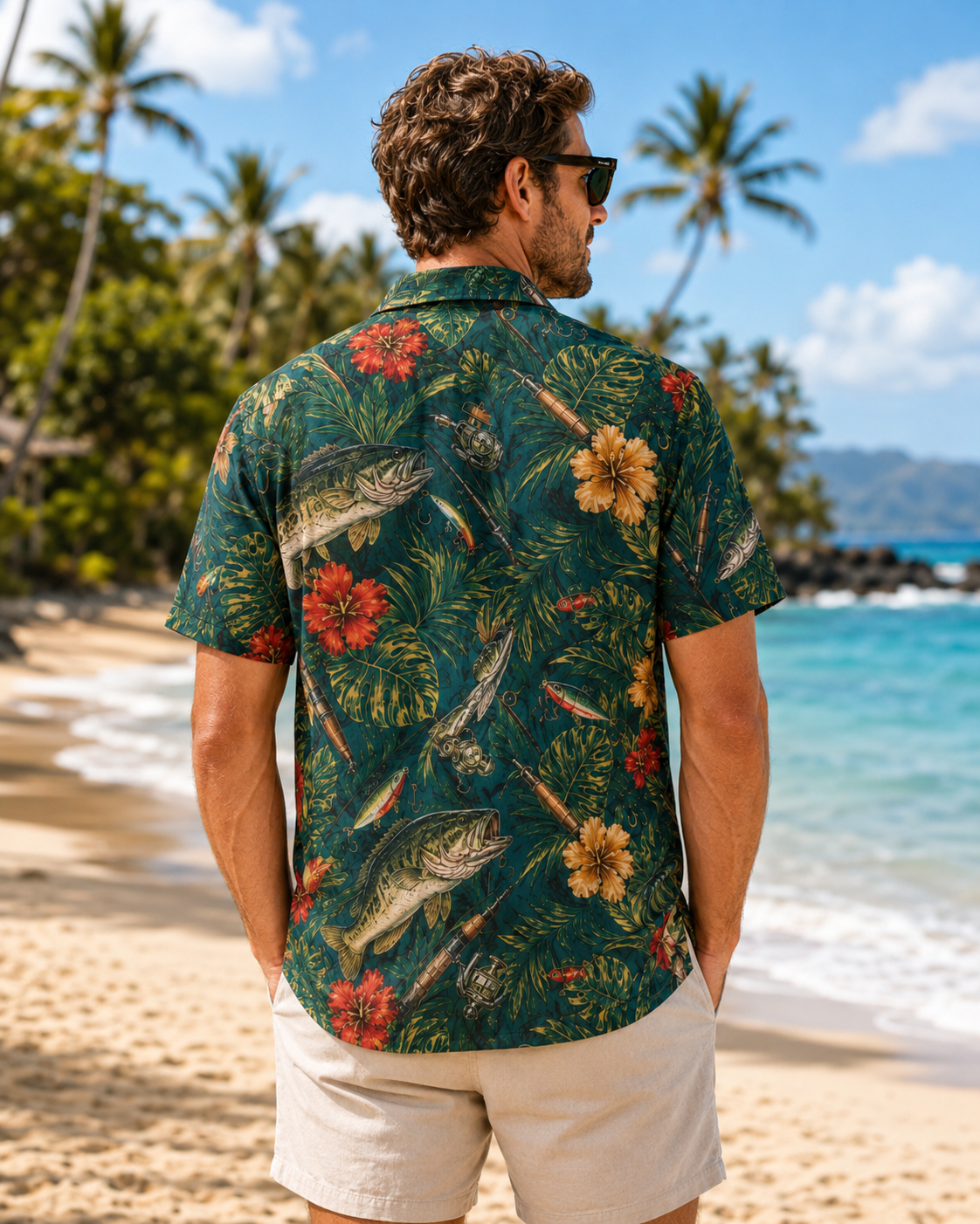 Bass Fish Fishing Rod Tropical Floral Men's Hawaiian Shirt