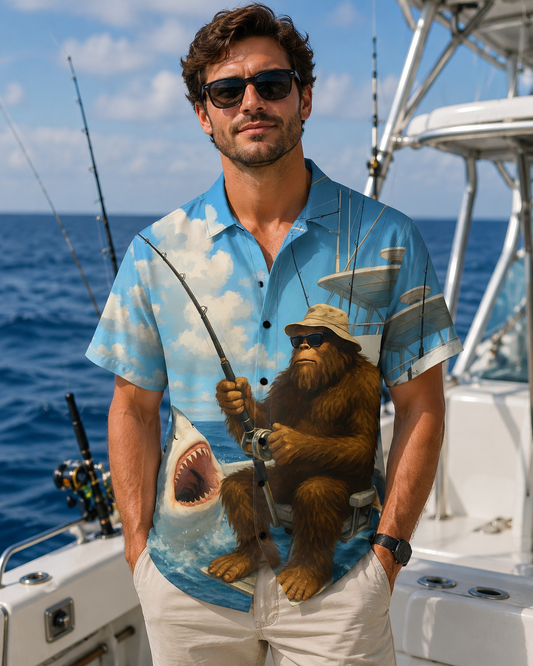 Men's Funny Bigfoot Shark Fishing Hawaiian Shirt | Short Sleeve