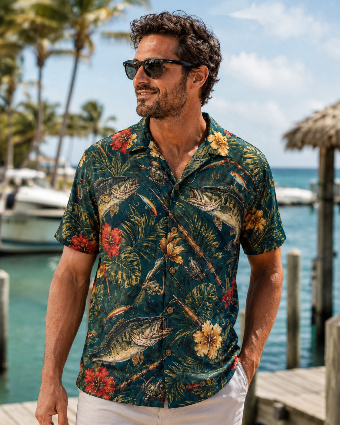 Bass Fish Fishing Rod Tropical Floral Men's Hawaiian Shirt