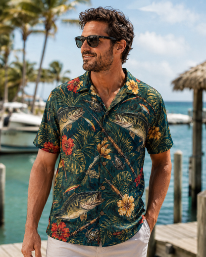 Bass Fish Fishing Rod Tropical Floral Men's Hawaiian Shirt
