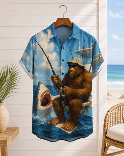 Men's Funny Bigfoot Shark Fishing Hawaiian Shirt | Short Sleeve