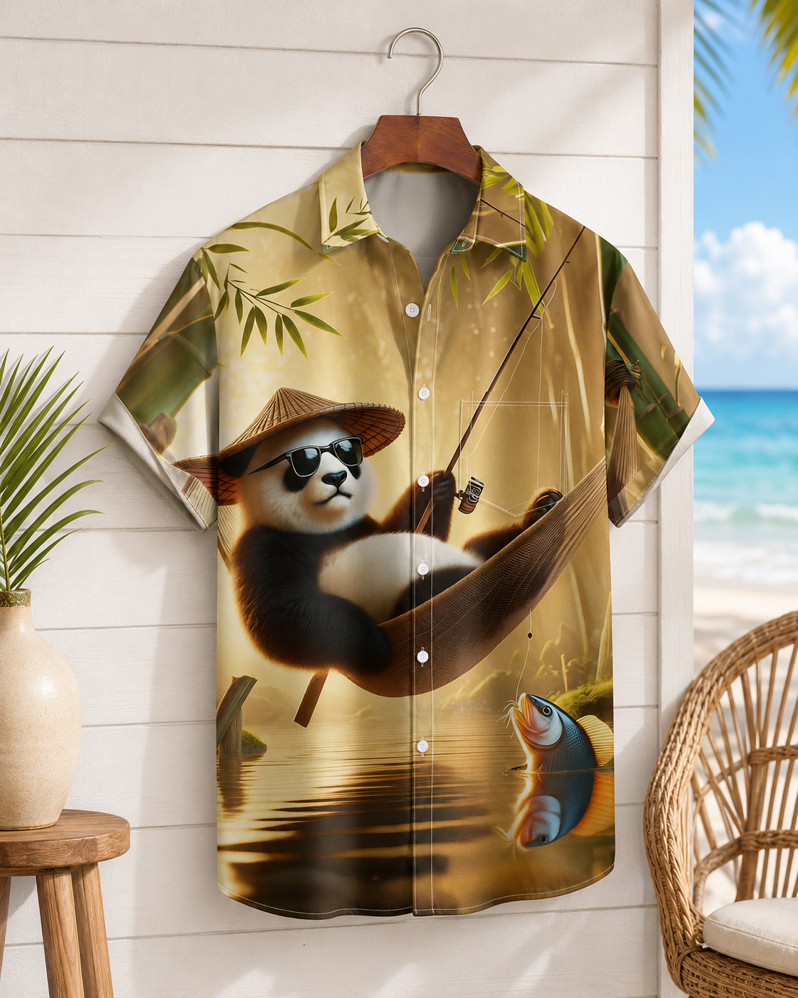 Men's Funny Panda Fishing Hawaiian Shirt | Short Sleeve Shirt