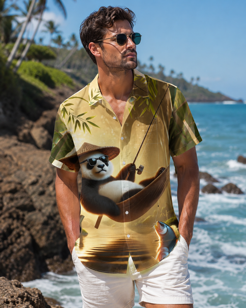 Men's Funny Panda Fishing Hawaiian Shirt | Short Sleeve Shirt