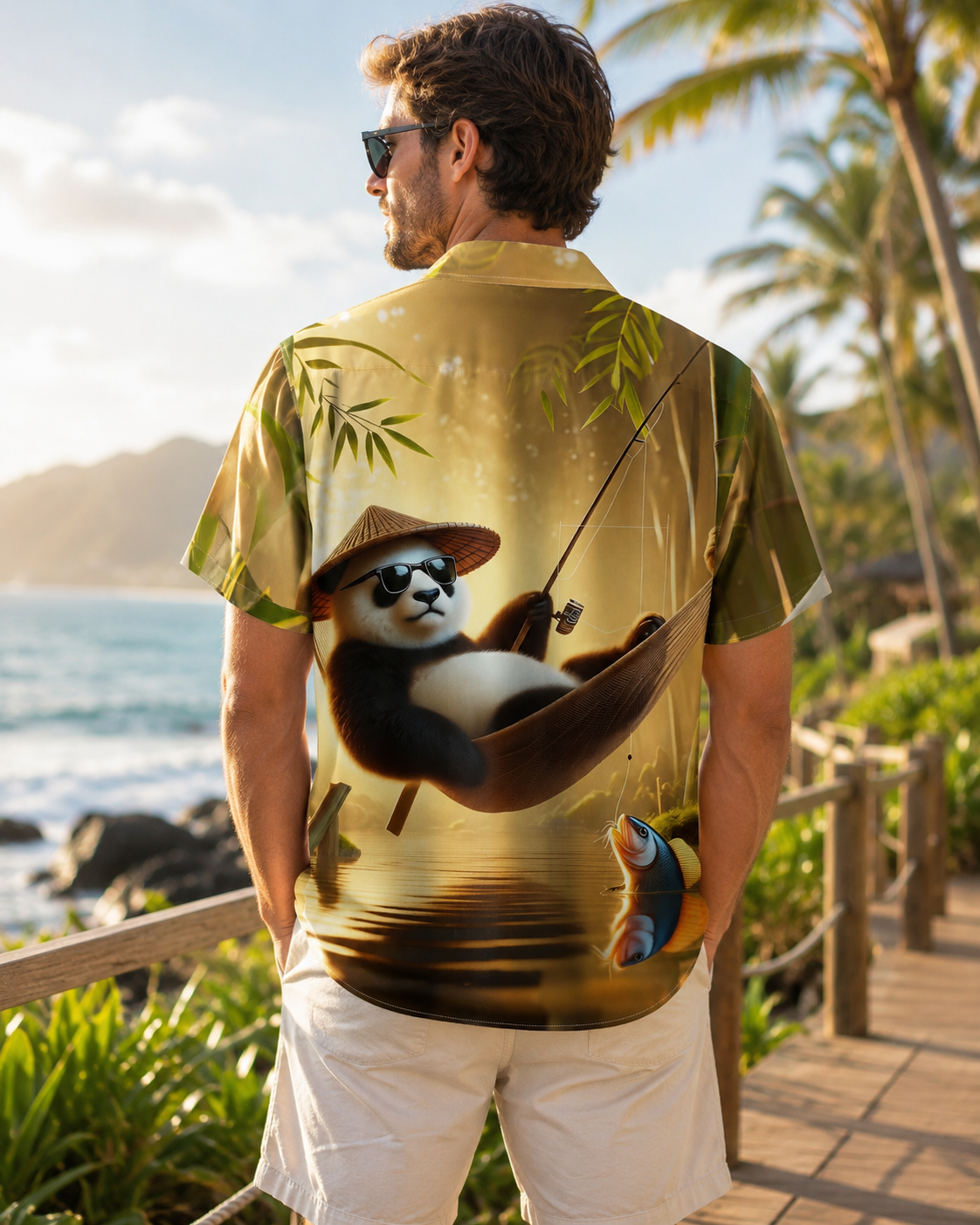 Men's Funny Panda Fishing Hawaiian Shirt | Short Sleeve Shirt