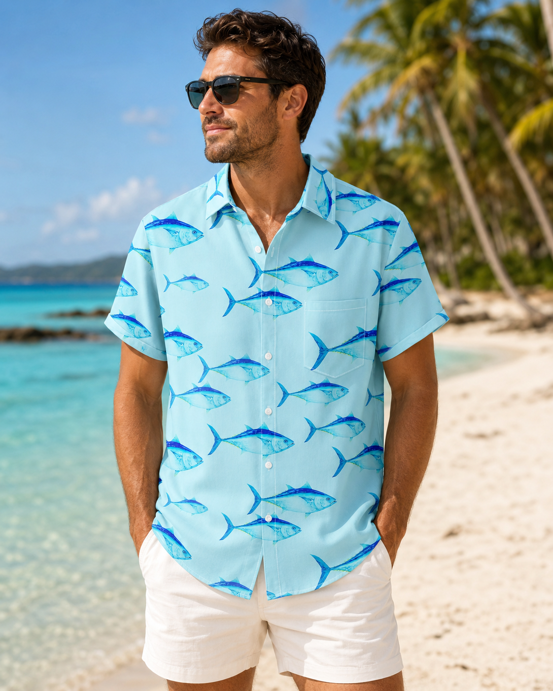 Men's Blue Tuna Fish Hawaiian Shirt | Short Sleeve Beach Shirt