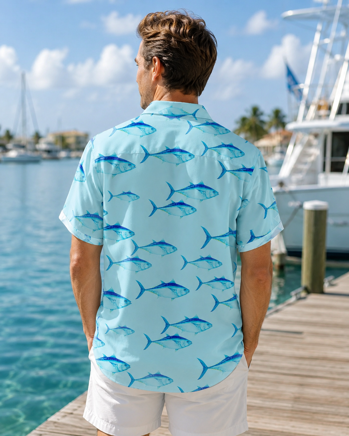 Men's Blue Tuna Fish Hawaiian Shirt | Short Sleeve Beach Shirt