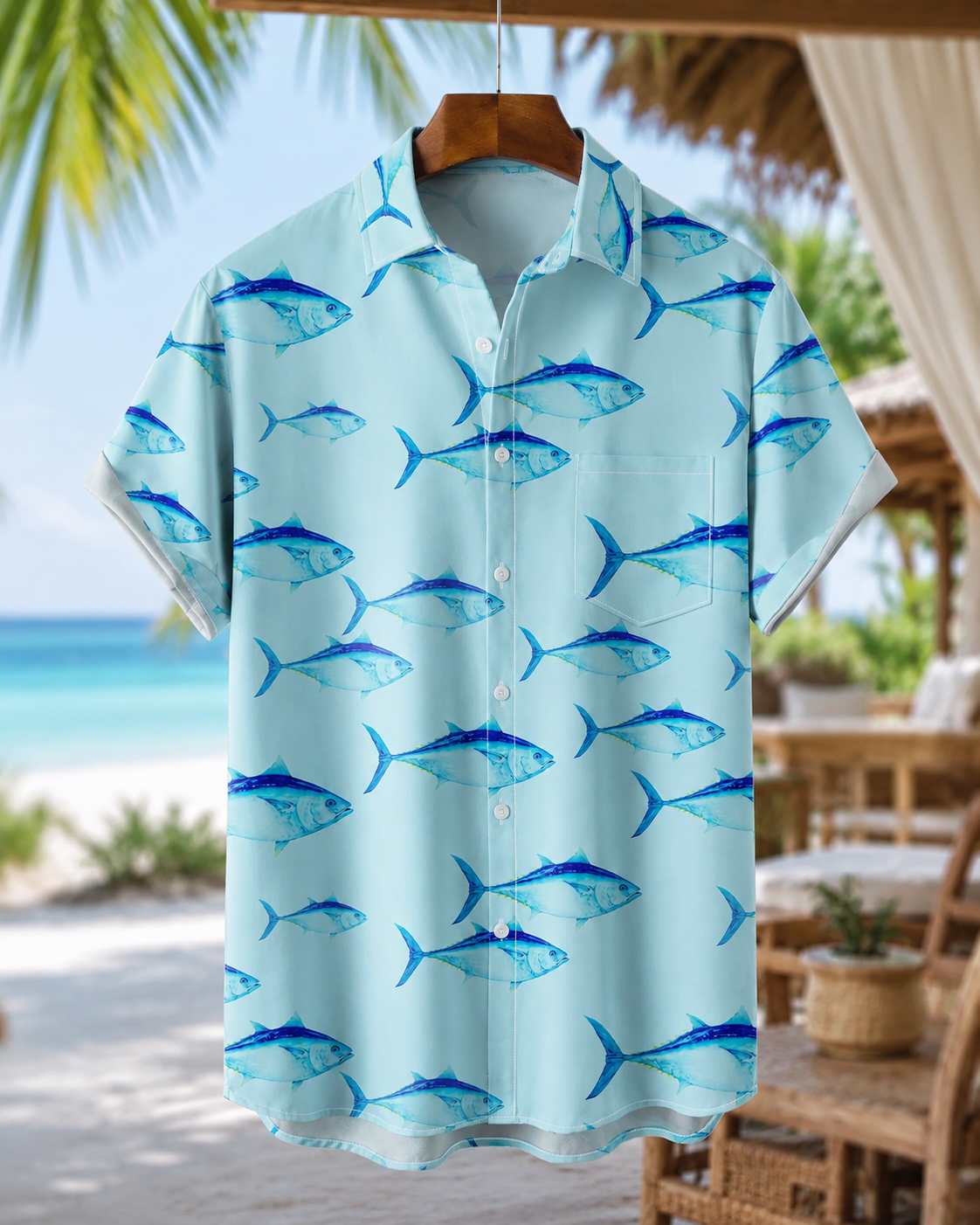 Men's Blue Tuna Fish Hawaiian Shirt | Short Sleeve Beach Shirt