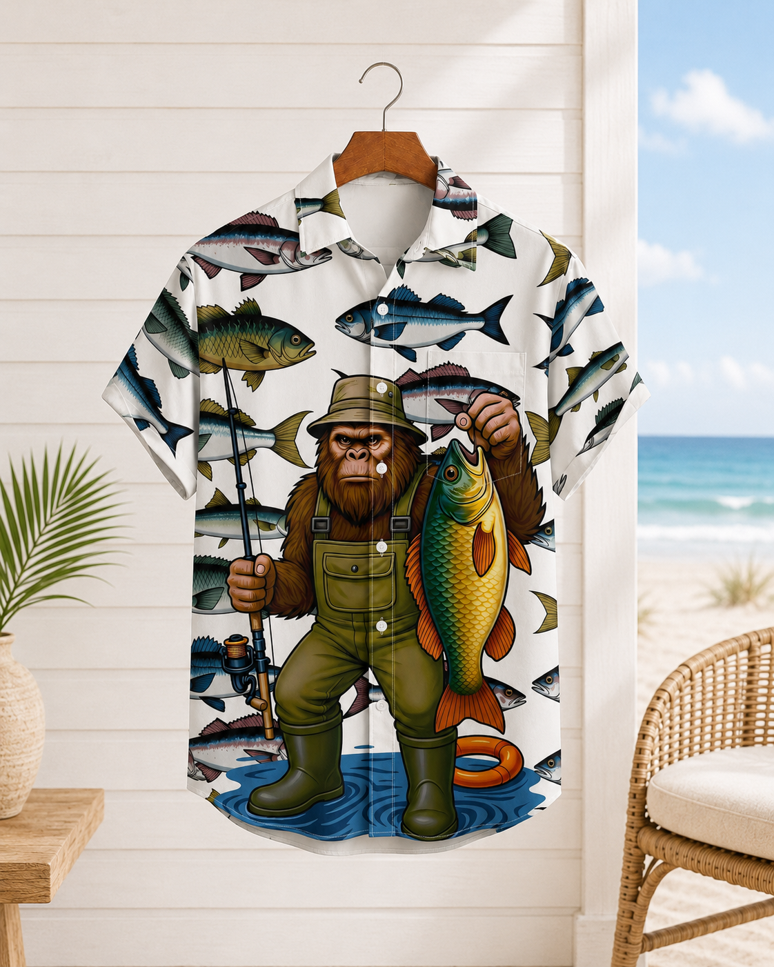 Men's Funny Bigfoot Fisherman Hawaiian Shirt | Short Sleeve
