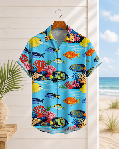 Men's Tropical Fish Coral Reef Hawaiian Shirt | Short Sleeve