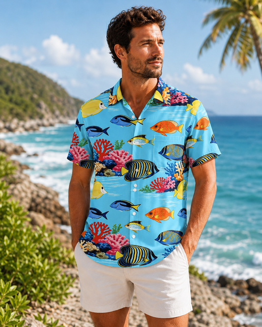 Men's Tropical Fish Coral Reef Hawaiian Shirt | Short Sleeve