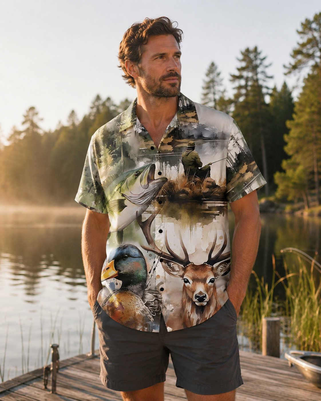 Men's Hunting Fishing Wildlife Hawaiian Shirt | Short Sleeve