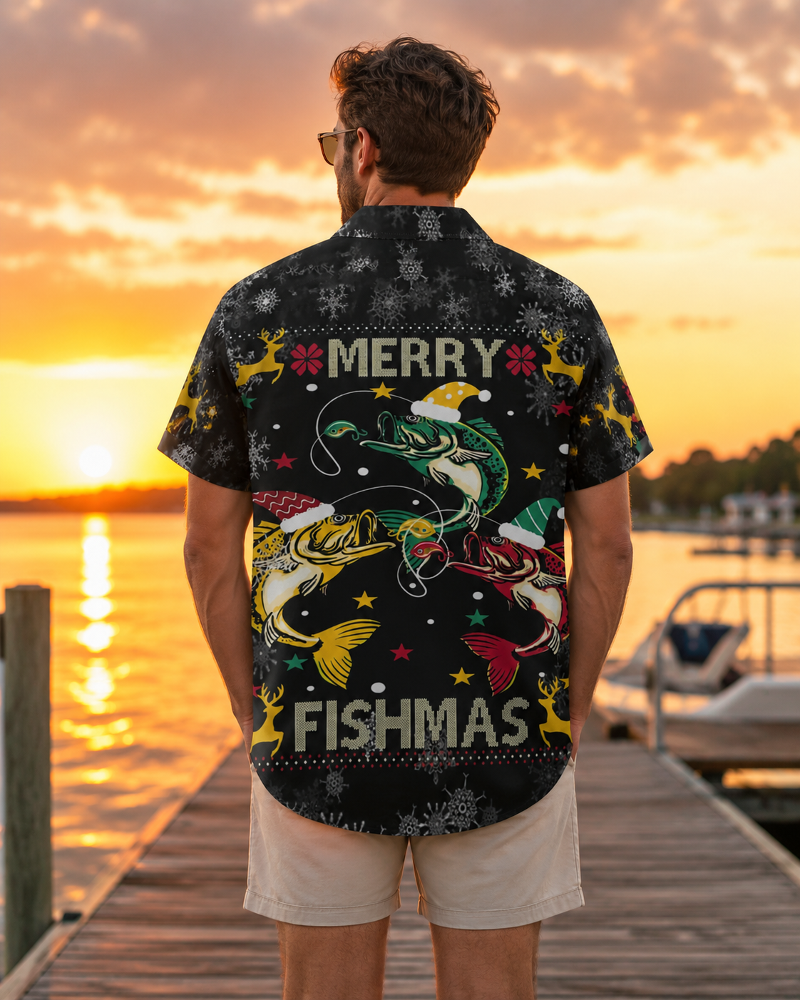 Merry Fishmas Bass Santa Hat Men's Hawaiian Shirt