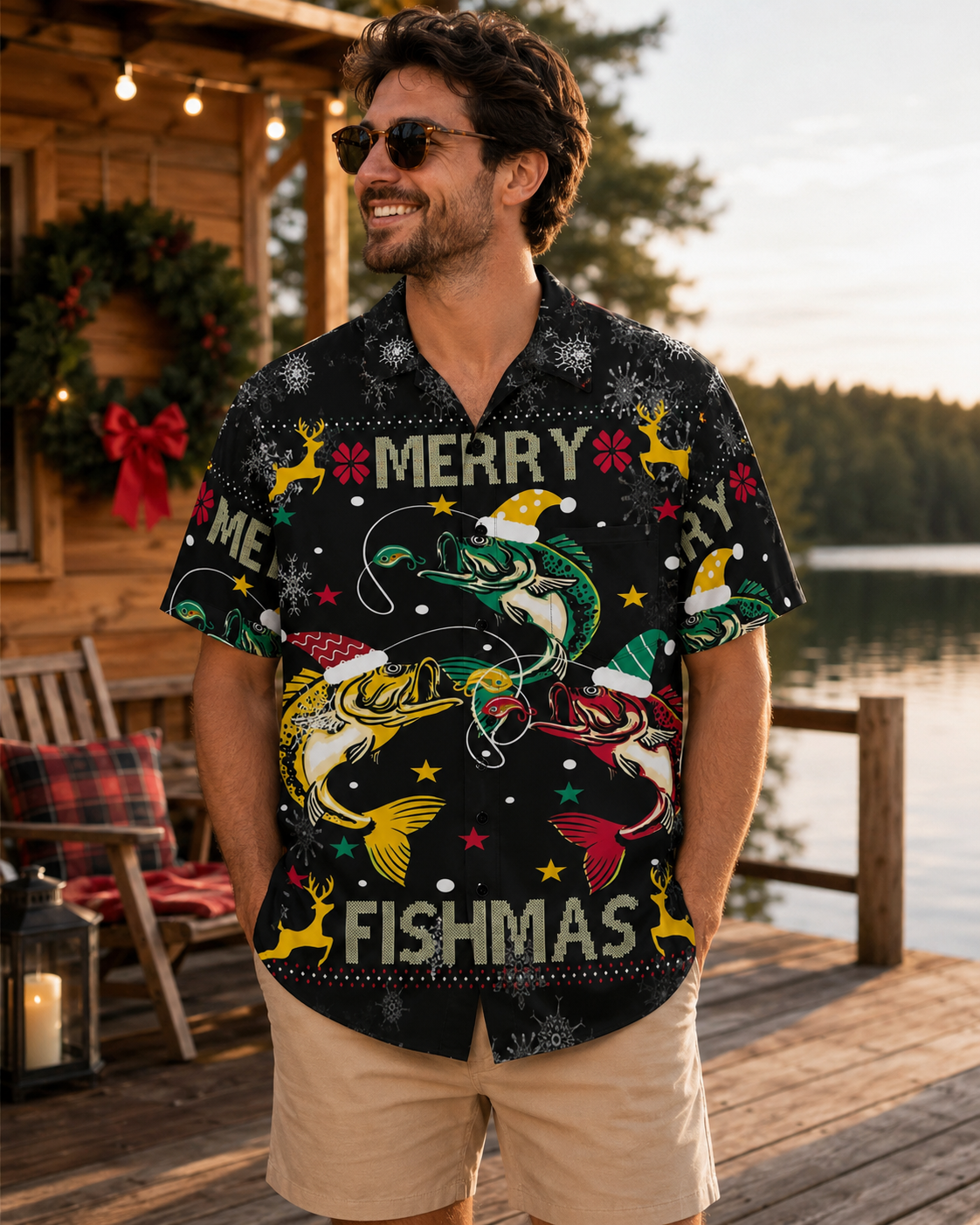 Merry Fishmas Bass Santa Hat Men's Hawaiian Shirt