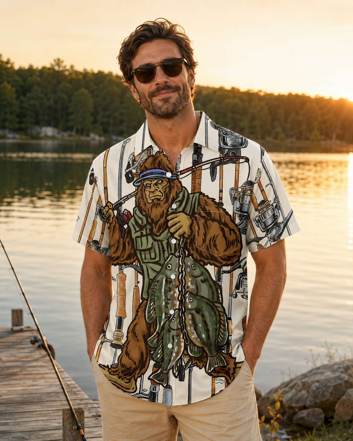 Bigfoot Fisherman Fishing Rod Gear Men's Hawaiian Shirt