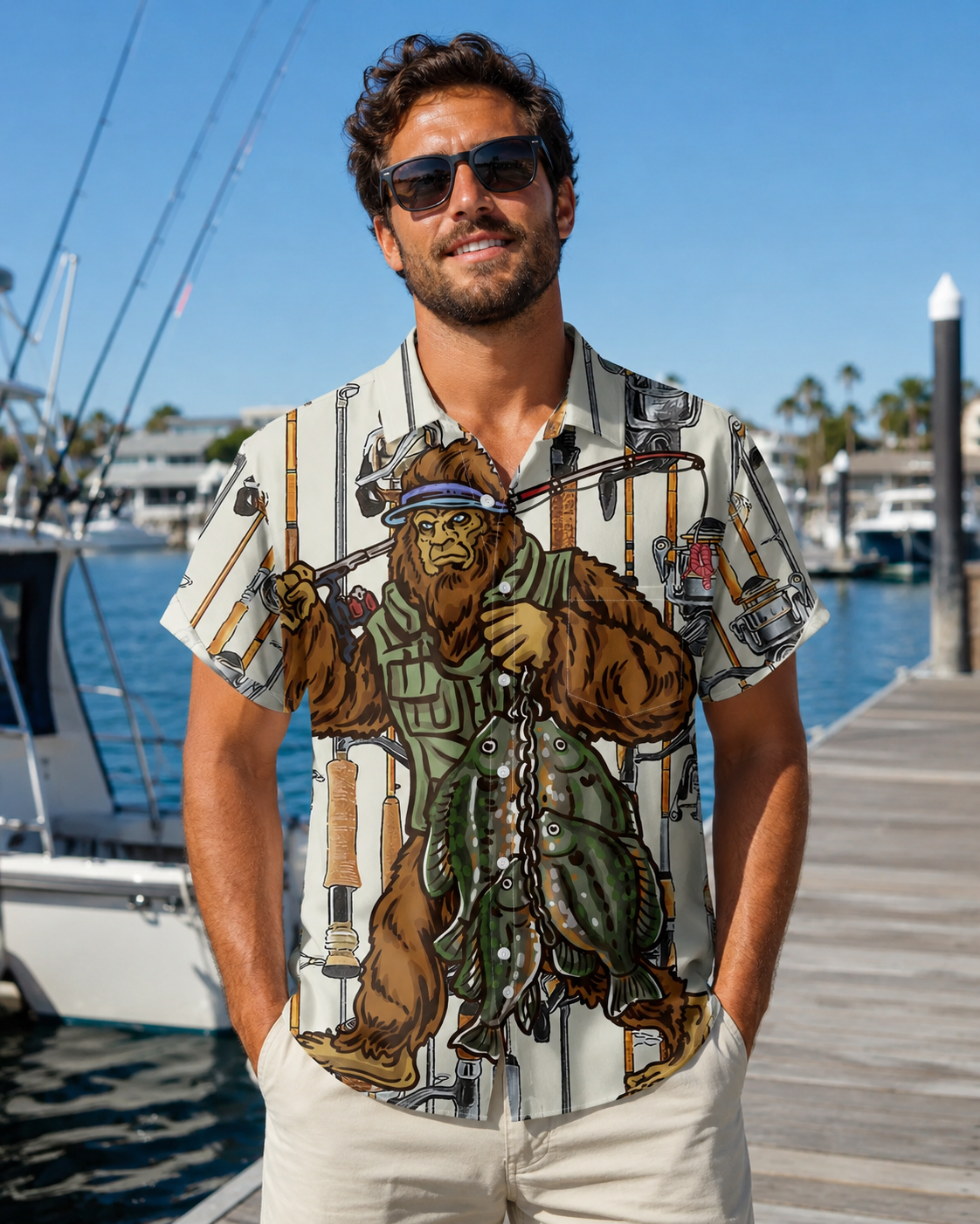 Bigfoot Fisherman Fishing Rod Gear Men's Hawaiian Shirt