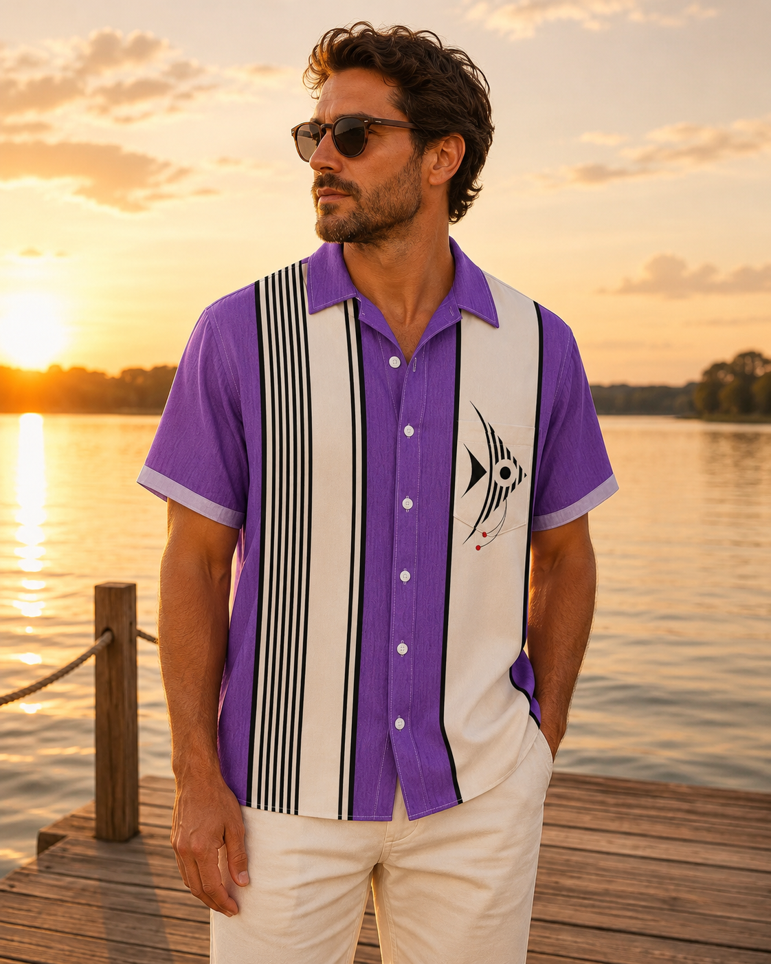 Purple Stripe Abstract Fish Men's Hawaiian Button Shirt