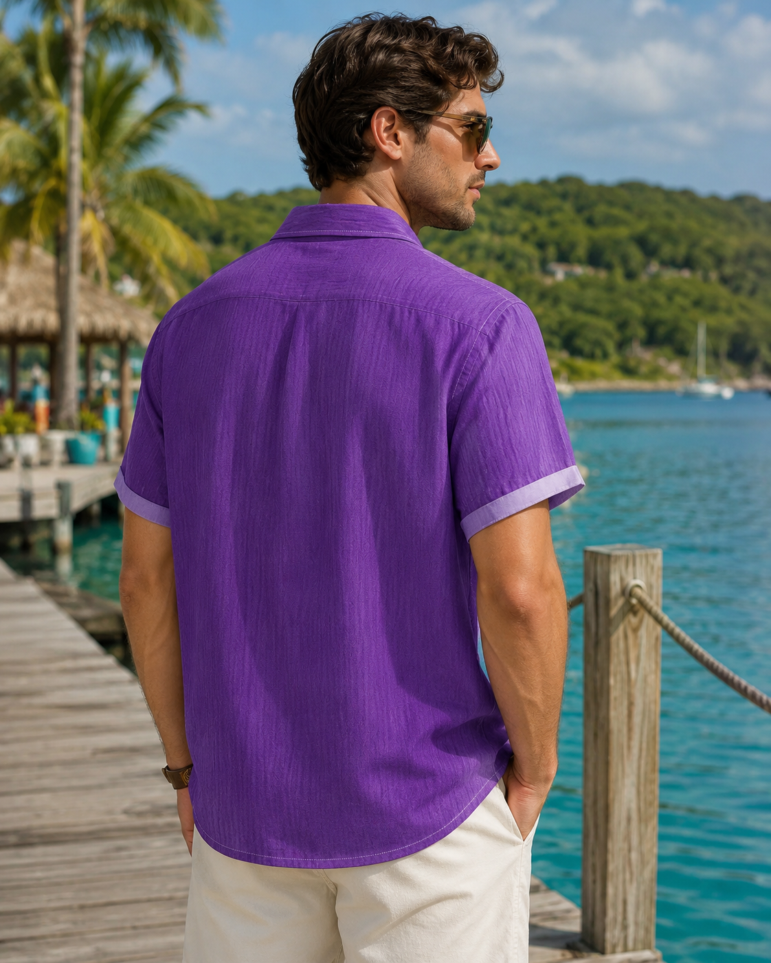 Purple Stripe Abstract Fish Men's Hawaiian Button Shirt