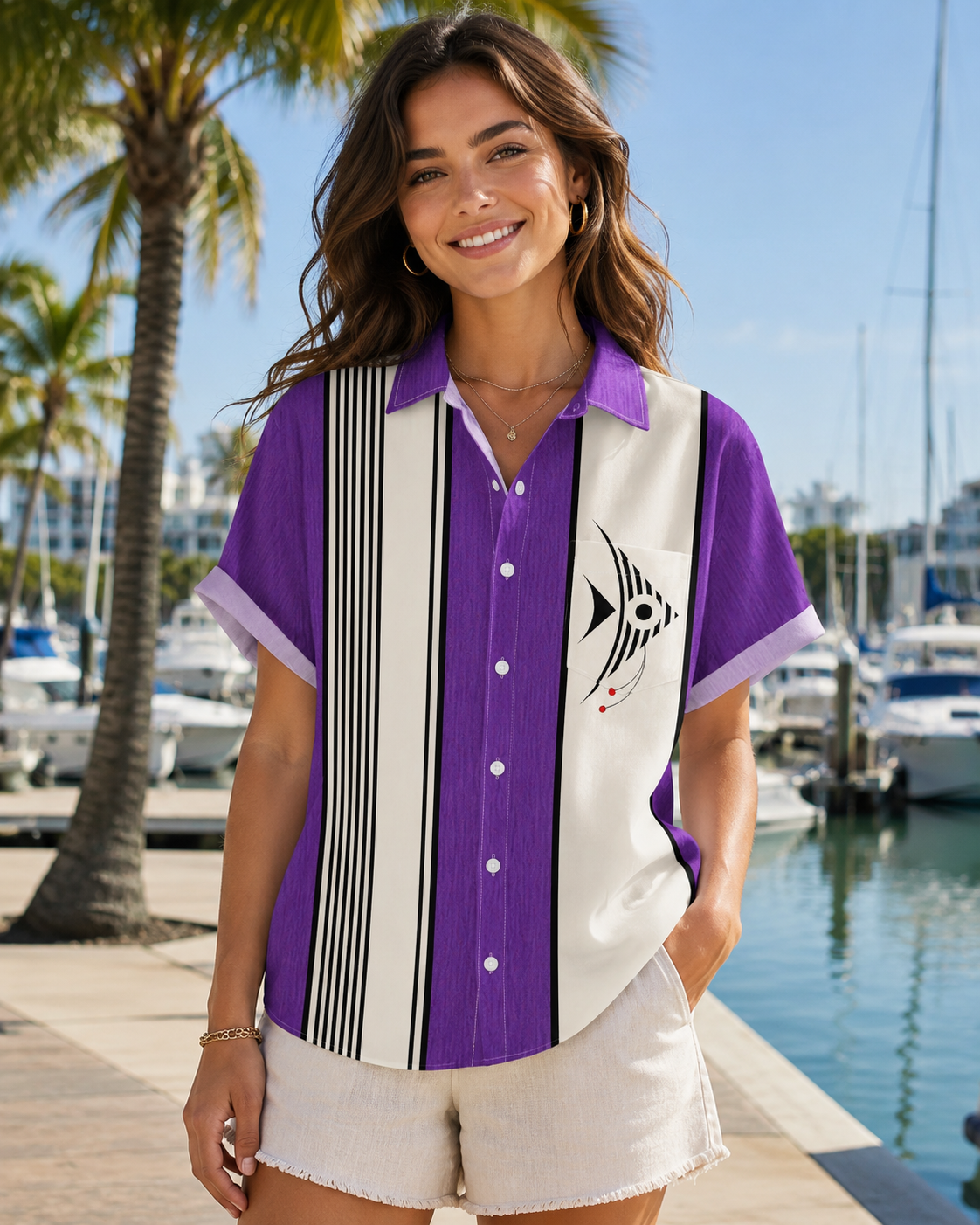 Purple Stripe Abstract Fish Men's Hawaiian Button Shirt