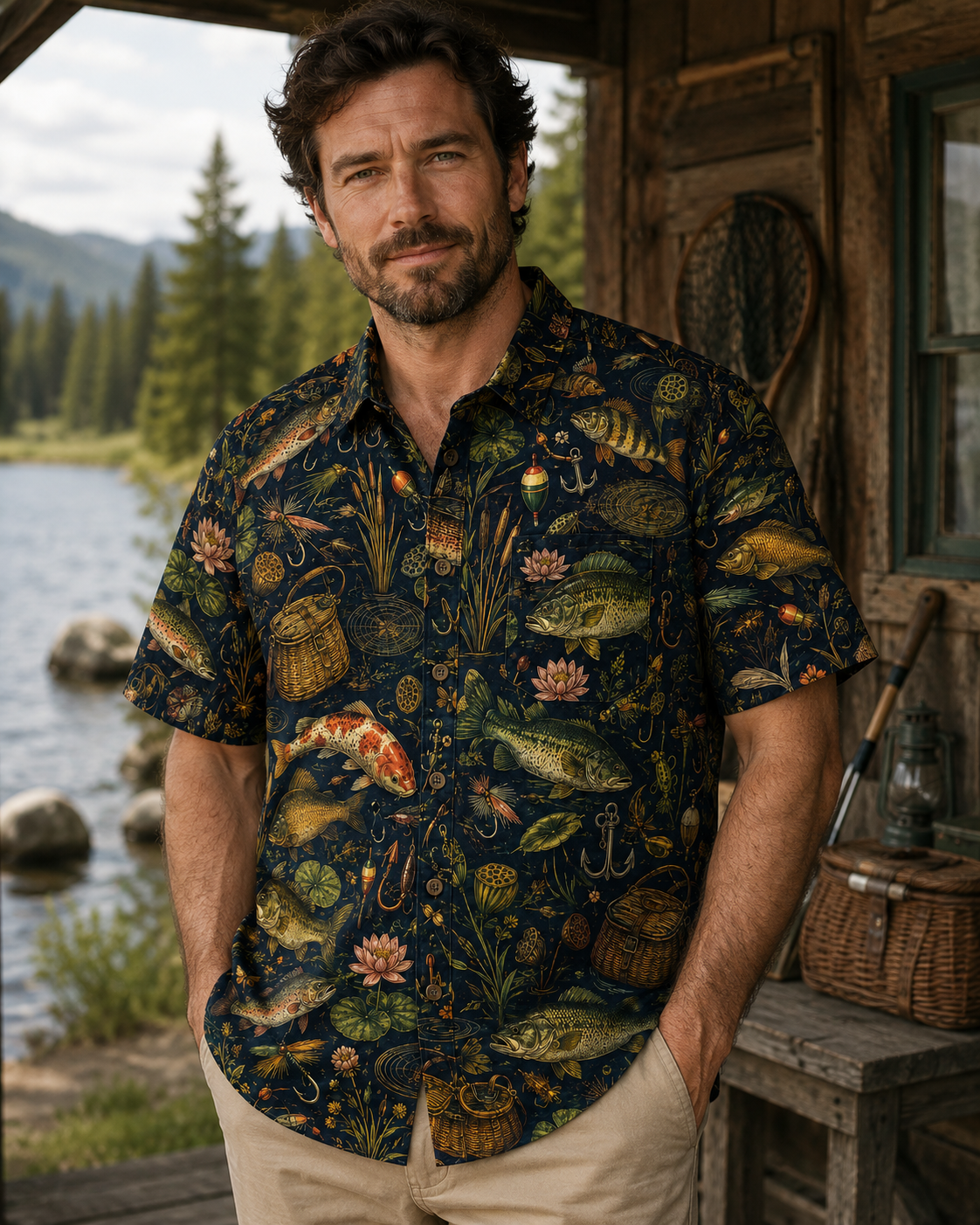 Dark Navy Fishing Gear & Koi Botanical Button Shirt