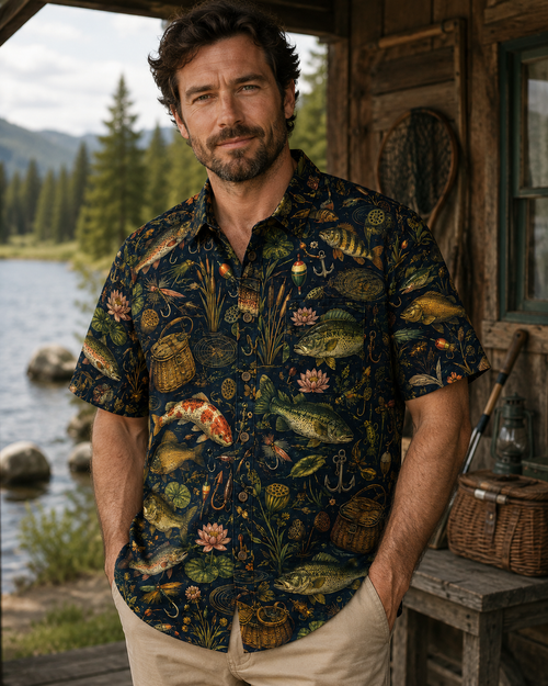 Dark Navy Fishing Gear & Koi Botanical Button Shirt