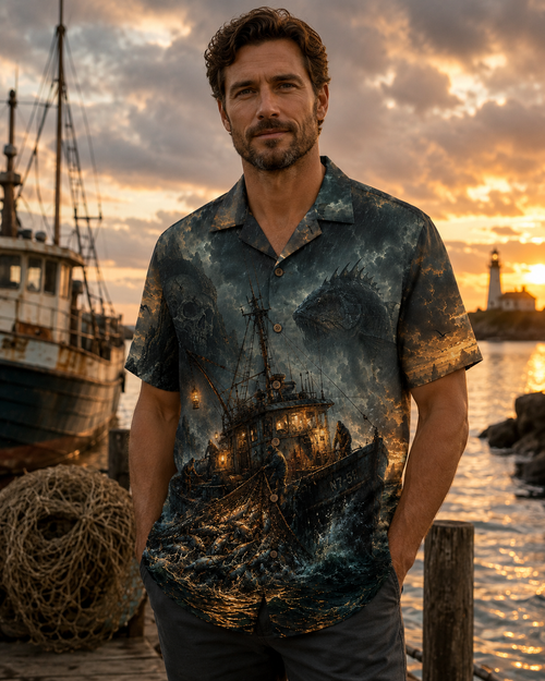 Dark Storm Sea Monster Fishing Boat Hawaiian Shirt
