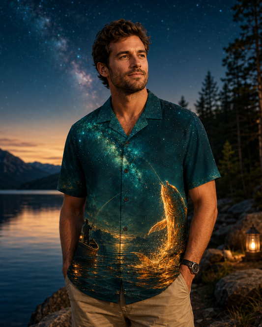 Galaxy Night Magical Golden Fish Fishing Camp Shirt