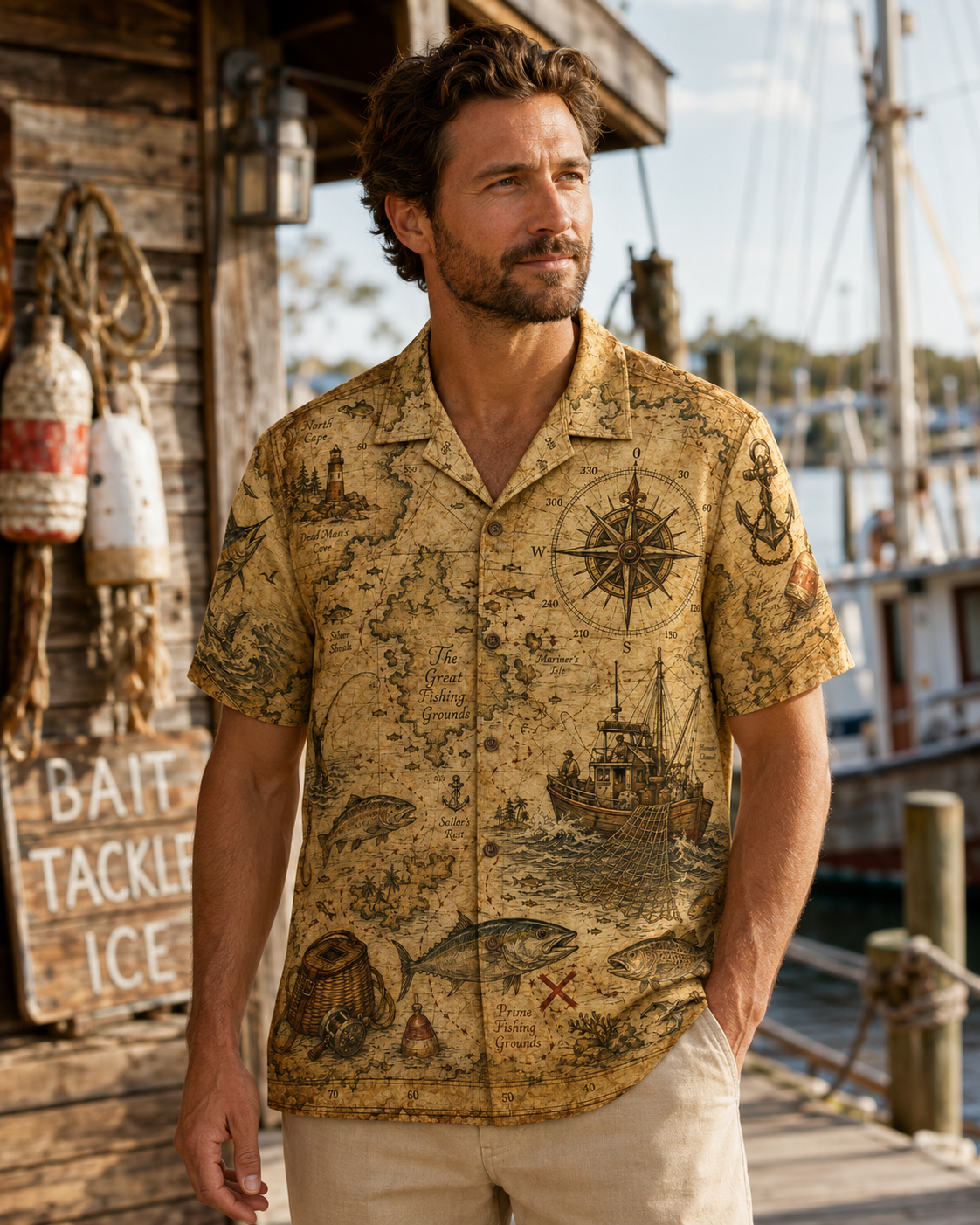 Vintage Nautical Map Great Fishing Grounds Camp Shirt