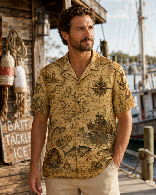 Vintage Nautical Map Great Fishing Grounds Camp Shirt