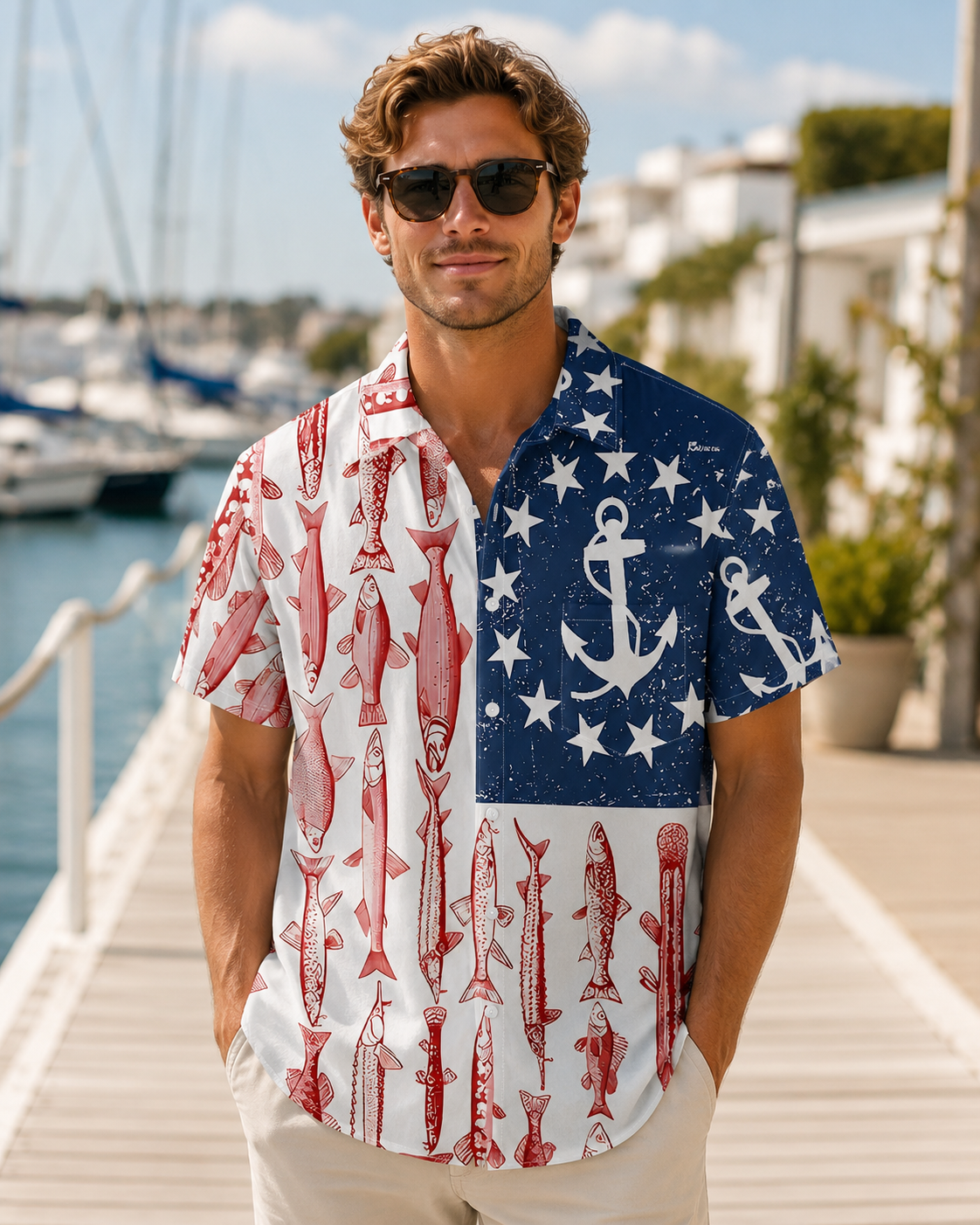 Men's American Flag Fish Anchor Patriotic Hawaiian Shirt