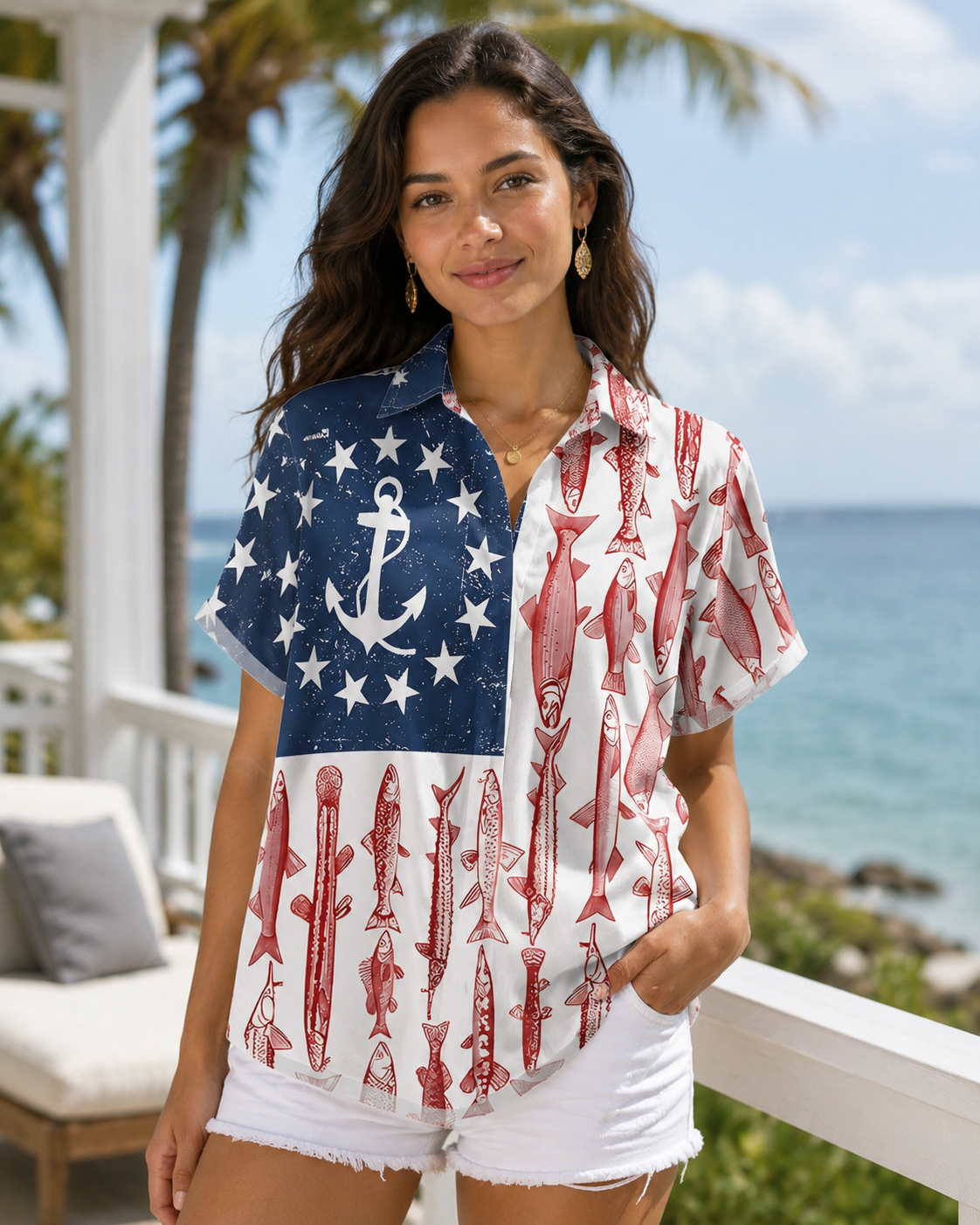 Men's American Flag Fish Anchor Patriotic Hawaiian Shirt