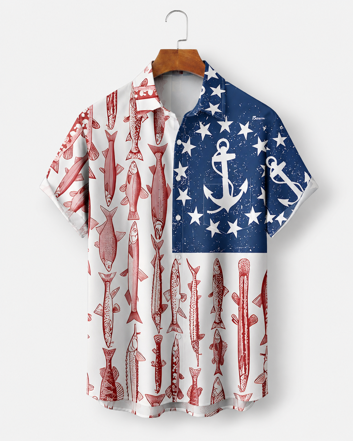 Men's American Flag Fish Anchor Patriotic Hawaiian Shirt