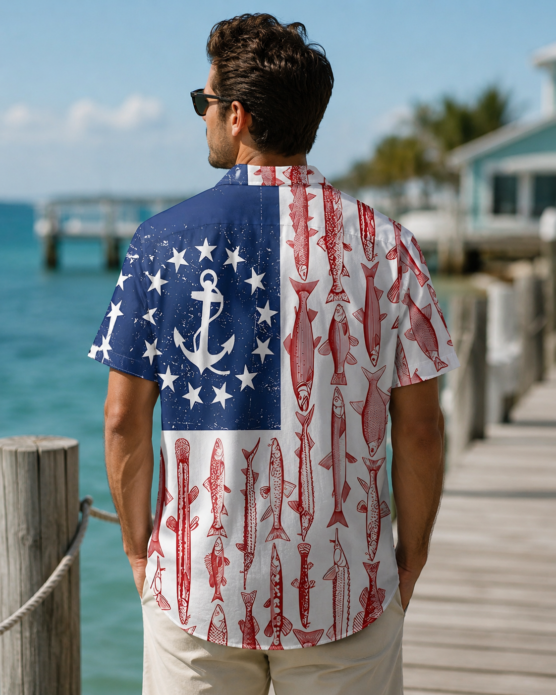 Men's American Flag Fish Anchor Patriotic Hawaiian Shirt