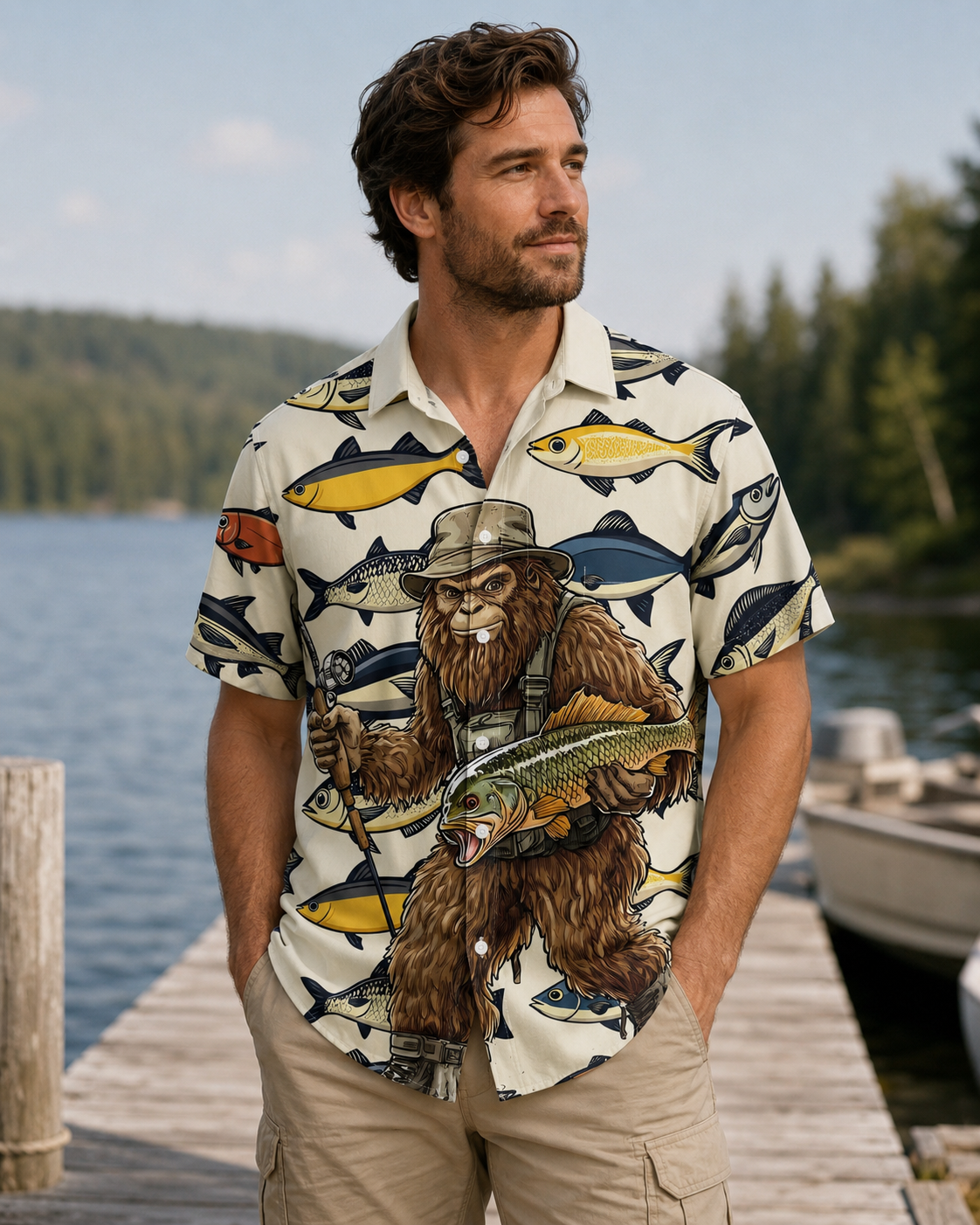 Men's Bigfoot Fisherman Catching Fish Hawaiian Shirt